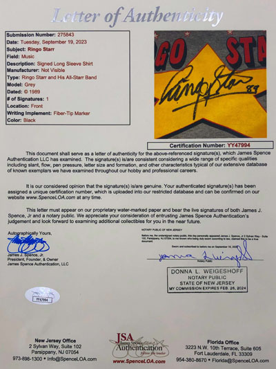 RINGO STARR (The Beatles) signierter Pullover,</br>Japan Tour 1989 – Bild 3